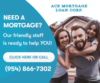Happy family in front of house promoting Ace Mortgage Loan Corp. service