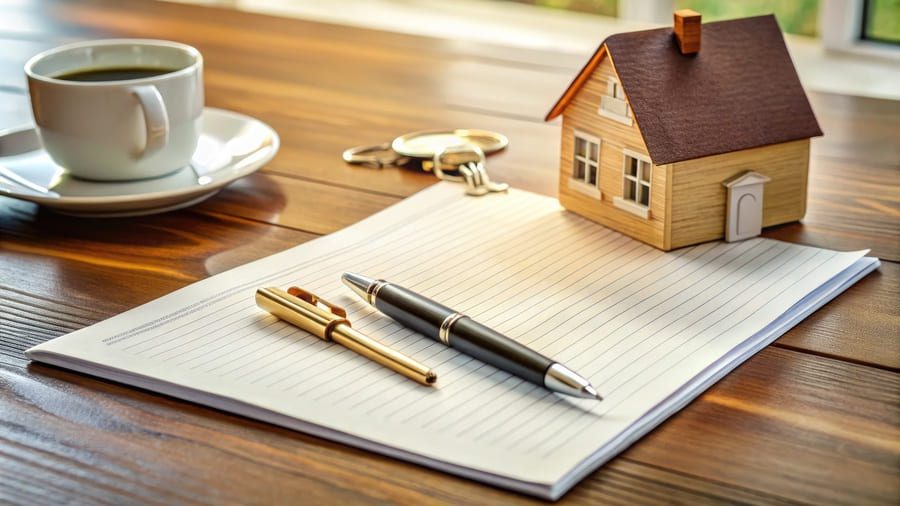 A neat and organized desk with a key, pen, and stacks of papers, including a mortgage contract