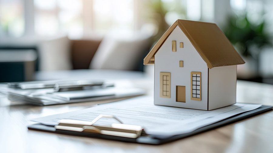 a home model placed on loan papers - home loan concept
